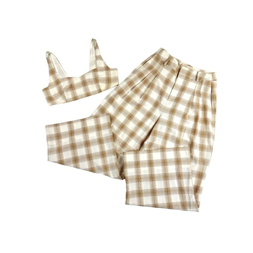 Cara Santana - Gingham Wide Pants and Top Set in Brown and Cream
